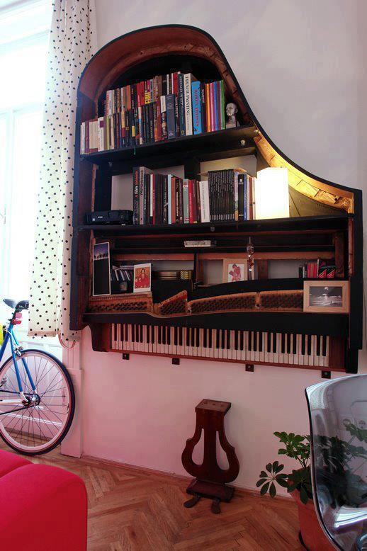 Old piano turned into a bookshelf